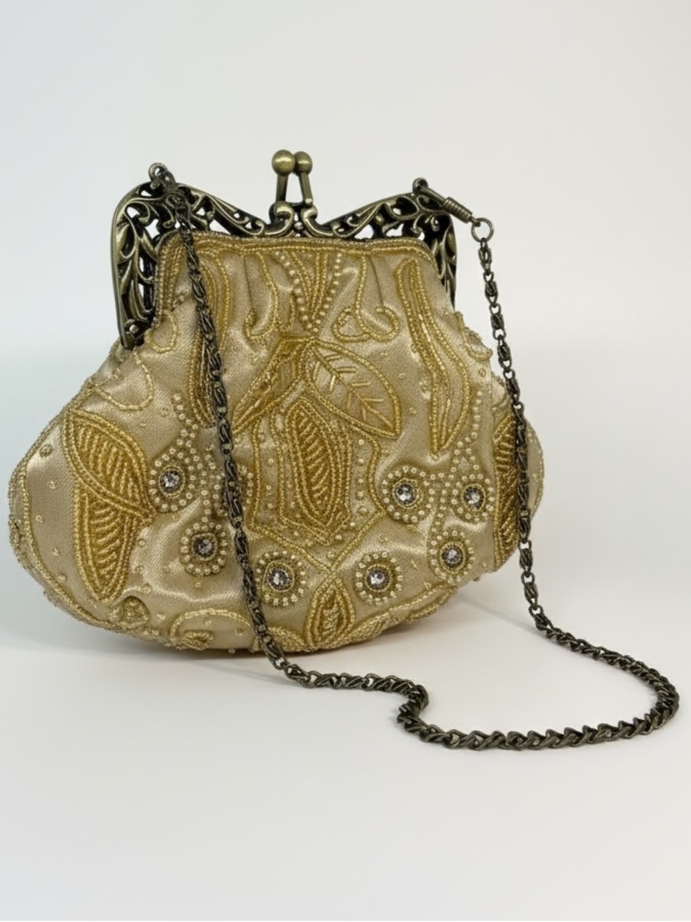 Bijoux Terner Gold Beaded Evening Bag Filigree Frame Chain Strap Purse